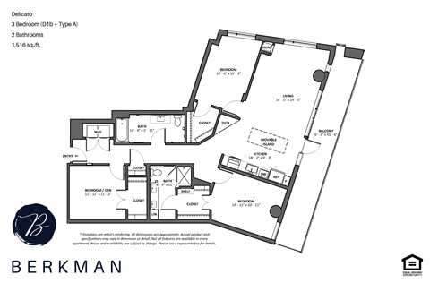 Floor plan for 3 beds, 2 baths, 1516 sqft